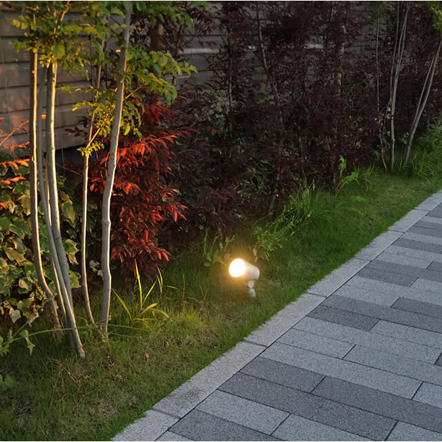 植栽とアプローチを照らすガーデンライトのある夜の庭